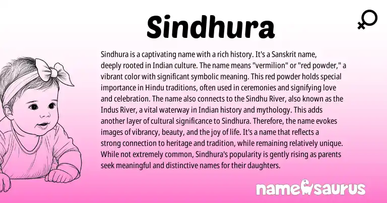 Infographic about Sindhura name meaning, Sindhura is a name from Indian, Sanskrit origin(s).