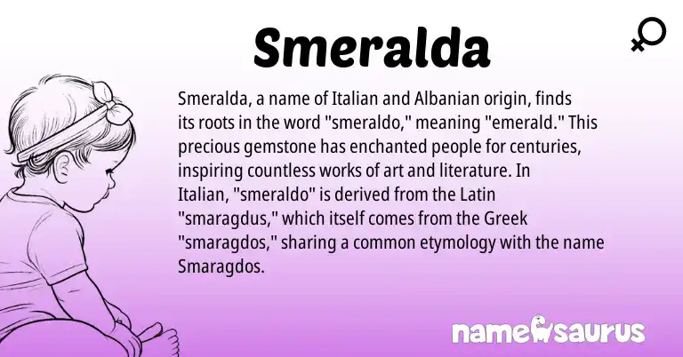 Infographic about Smeralda name meaning, Smeralda is a name from Greek, Albanian, Latin, Italian origin(s).