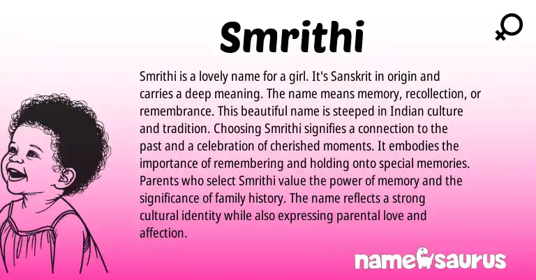 Infographic about Smrithi name meaning, Smrithi is a name from Indian, Sanskrit origin(s).