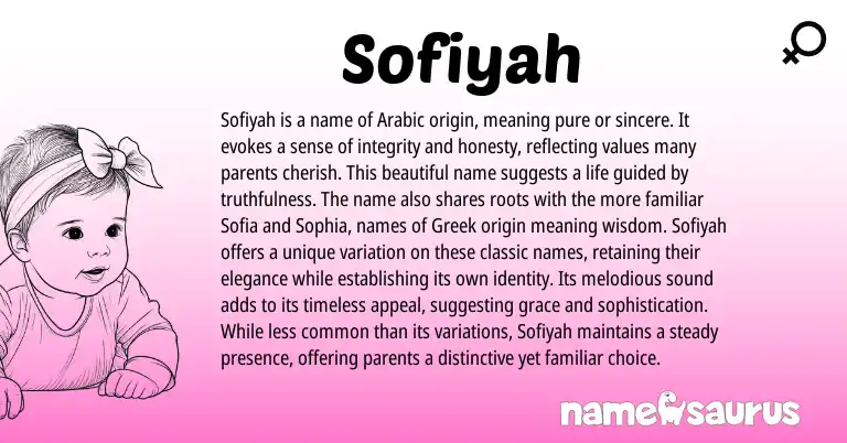 Infographic about Sofiyah name meaning, Sofiyah is a name from Arabic origin(s).