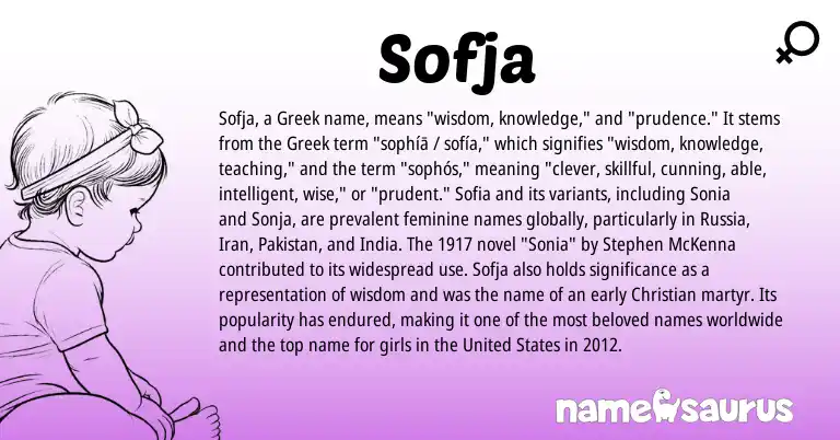 Infographic about Sofja name meaning, Sofja is a name from Iran, United States, Pakistan, Greek origin(s).