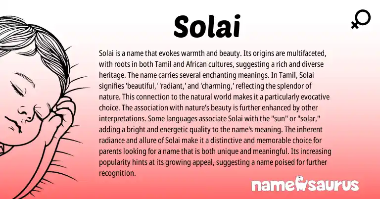 Infographic about Solai name meaning, Solai is a name from Tamil origin(s).