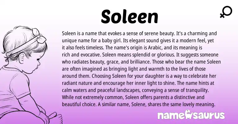 Infographic about Soleen name meaning, Soleen is a name from Arabic origin(s).