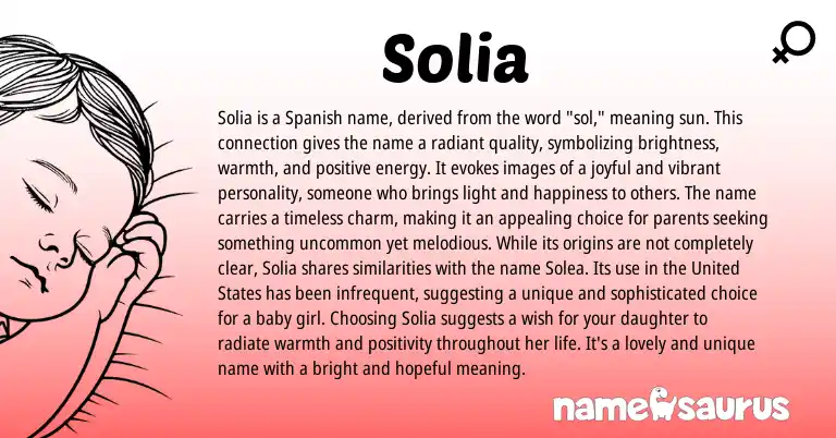 Infographic about Solia name meaning, Solia is a name from Latin, Spanish origin(s).