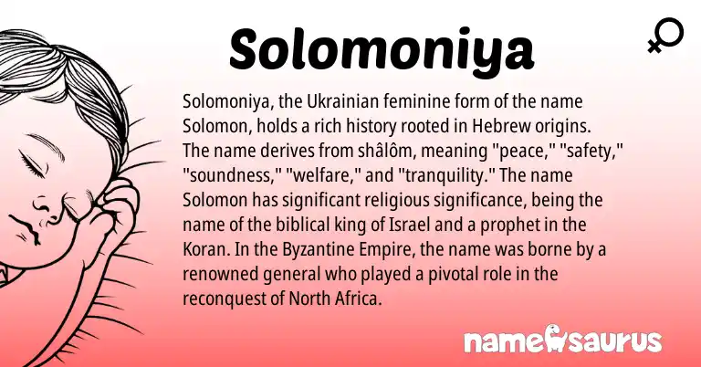 Infographic about Solomoniya name meaning, Solomoniya is a name from Ukrainian, North Africa, Hebrew origin(s).