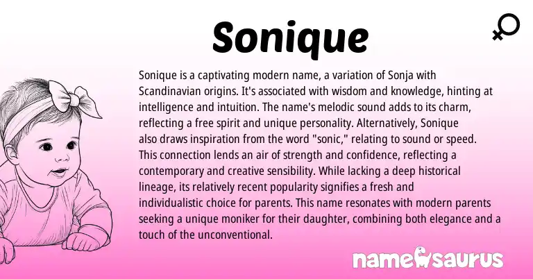 Infographic about Sonique name meaning, Sonique is a name from Scandinavian, English origin(s).