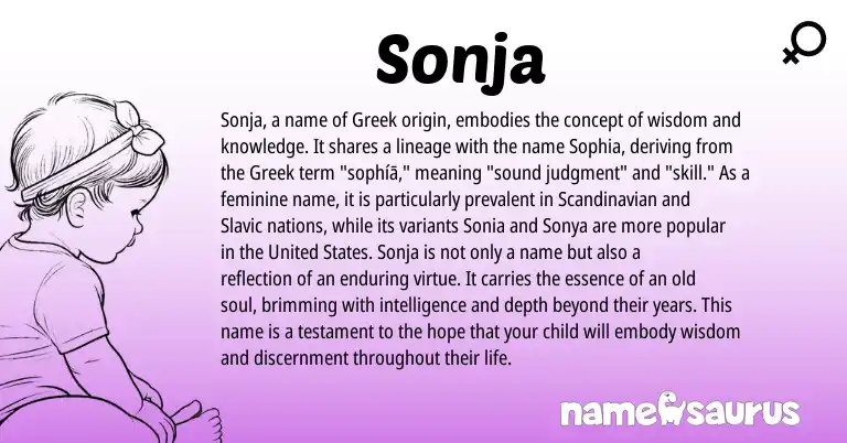 Infographic about Sonja name meaning, Sonja is a name from Scandinavian, Slavic, United States, Greek origin(s).
