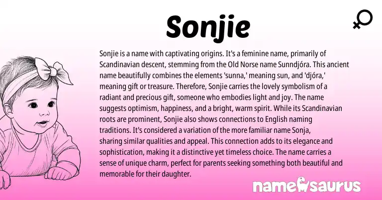 Infographic about Sonjie name meaning, Sonjie is a name from Scandinavian, Norse, American origin(s).