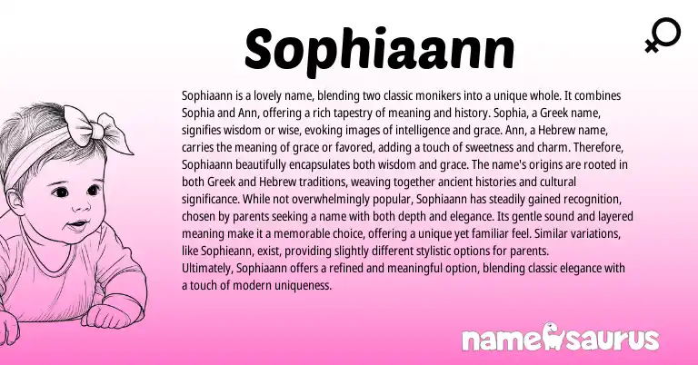 Infographic about Sophiaann name meaning, Sophiaann is a name from Greek, Hebrew origin(s).