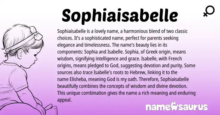 Infographic about Sophiaisabelle name meaning, Sophiaisabelle is a name from French, Greek origin(s).