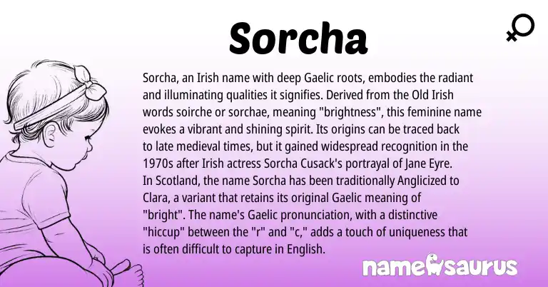 Infographic about Sorcha name meaning, Sorcha is a name from Irish, English, Gaelic, Old Irish origin(s).