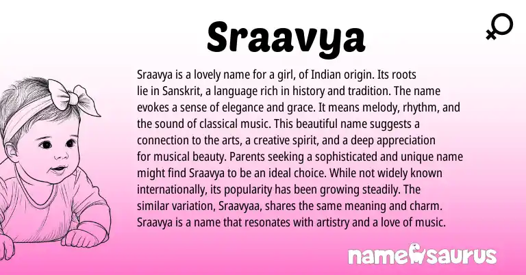 Infographic about Sraavya name meaning, Sraavya is a name from Indian, Sanskrit origin(s).