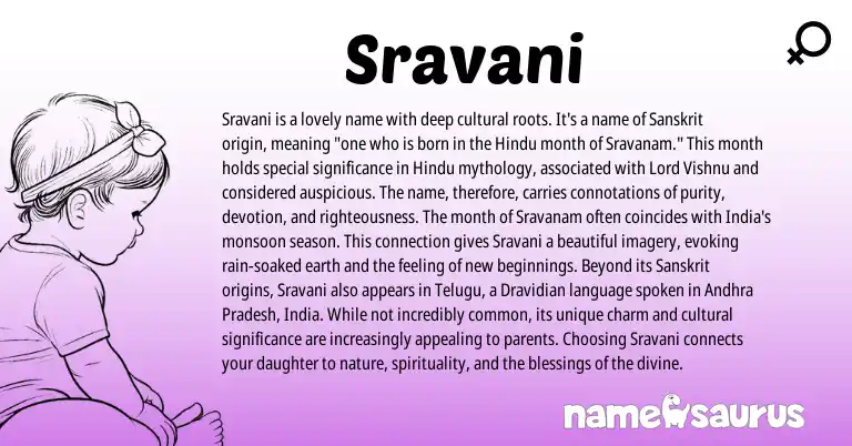 Infographic about Sravani name meaning, Sravani is a name from Hindu, Sanskrit origin(s).