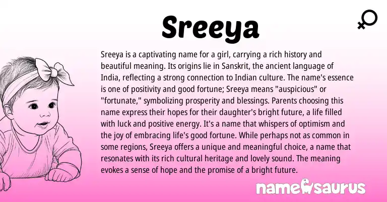 Infographic about Sreeya name meaning, Sreeya is a name from Sanskrit origin(s).