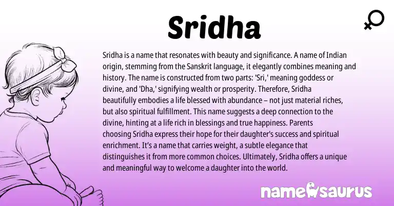 Infographic about Sridha name meaning, Sridha is a name from Indian, Sanskrit origin(s).