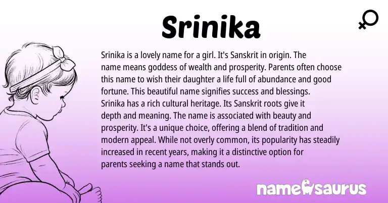 Infographic about Srinika name meaning, Srinika is a name from Sanskrit origin(s).