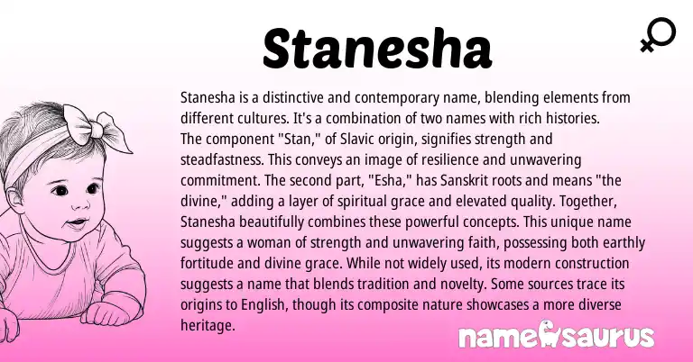 Infographic about Stanesha name meaning, Stanesha is a name from Slavic, Sanskrit, American origin(s).