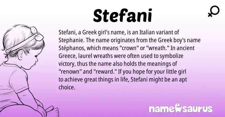 Infographic about Stefani name meaning, Stefani is a name from Greece, Italian, Greek origin(s).