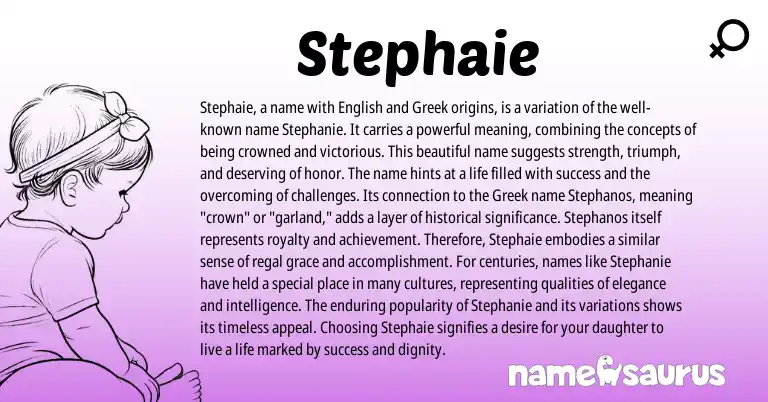 Infographic about Stephaie name meaning, Stephaie is a name from Greek, English origin(s).