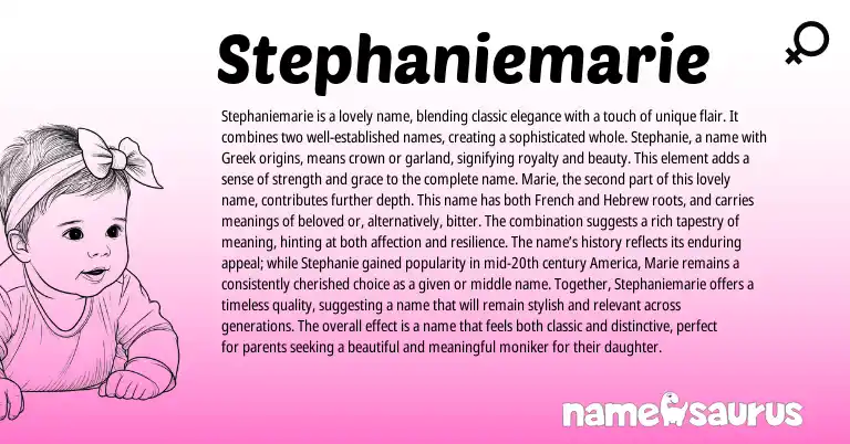 Infographic about Stephaniemarie name meaning, Stephaniemarie is a name from French, English, Romance origin(s).