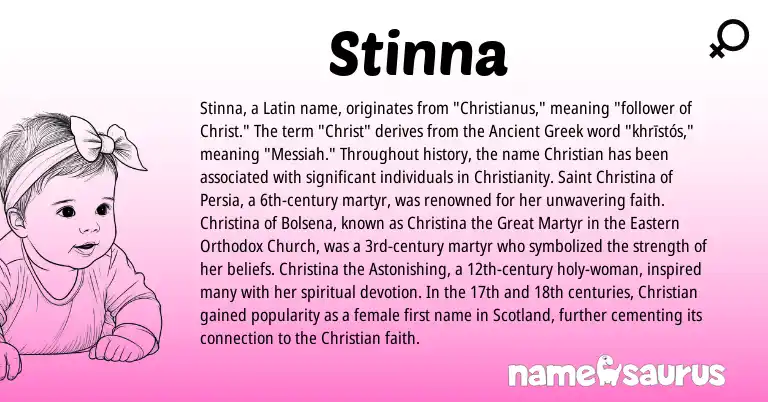 Infographic about Stinna name meaning, Stinna is a name from Ancient Greek, Christianity, Latin origin(s).