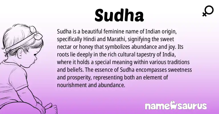 Infographic about Sudha name meaning, Sudha is a name from Indian, Hindi, Marathi, Bengali origin(s).