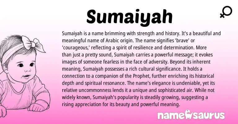 Infographic about Sumaiyah name meaning, Sumaiyah is a name from Arabic origin(s).