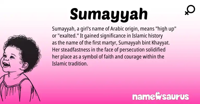 Infographic about Sumayyah name meaning, Sumayyah is a name from Arabic origin(s).
