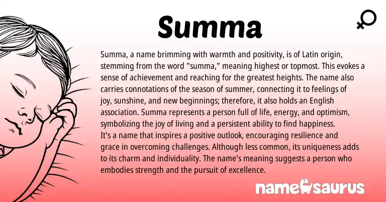 Infographic about Summa name meaning, Summa is a name from Latin, Persian, Arabic origin(s).