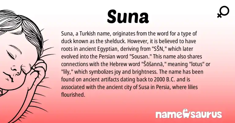 Infographic about Suna name meaning, Suna is a name from Egyptian, Persian, Turkish, Hebrew origin(s).