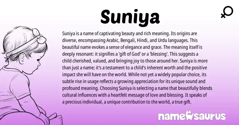Infographic about Suniya name meaning, Suniya is a name from Persian, Turkish, Arabic, Greek origin(s).