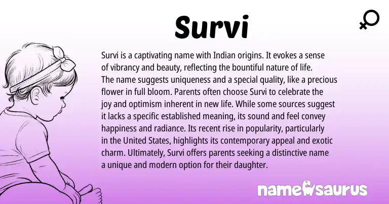 Infographic about Survi name meaning, Survi is a name from Indian, Sanskrit origin(s).