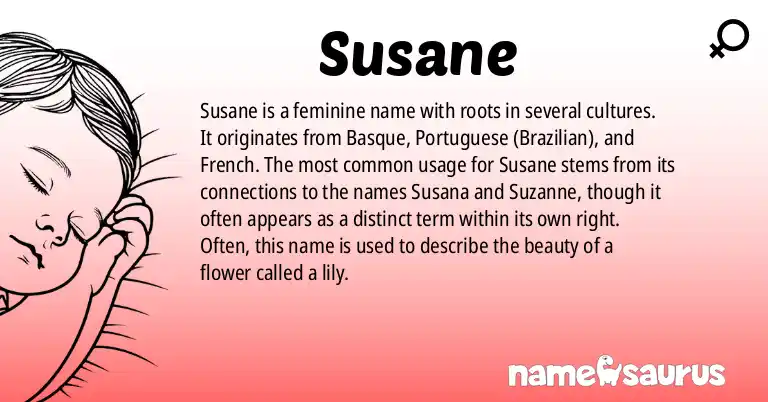 Infographic about Susane name meaning, Susane is a name from Basque, Portuguese (Brazilian), French origin(s).