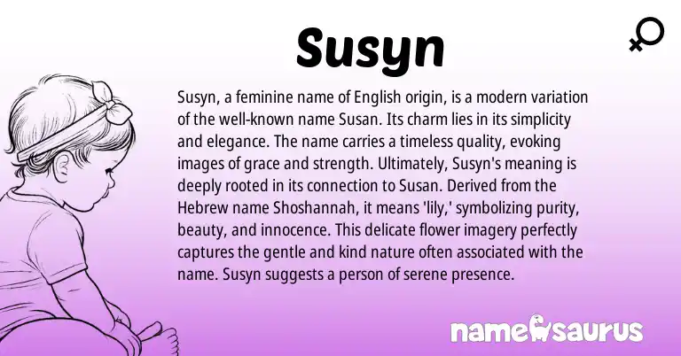 Infographic about Susyn name meaning, Susyn is a name from Hebrew, American origin(s).