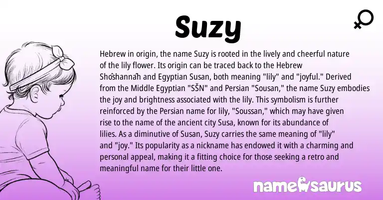 Infographic about Suzy name meaning, Suzy is a name from Egyptian, Persian, Hebrew origin(s).