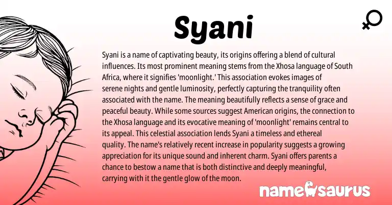 Infographic about Syani name meaning, Syani is a name from Persian, African, Xhosa origin(s).