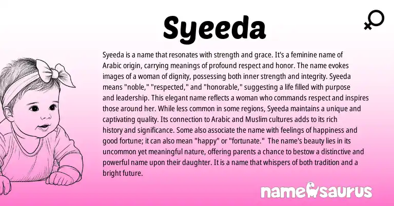 Infographic about Syeeda name meaning, Syeeda is a name from Arabic origin(s).