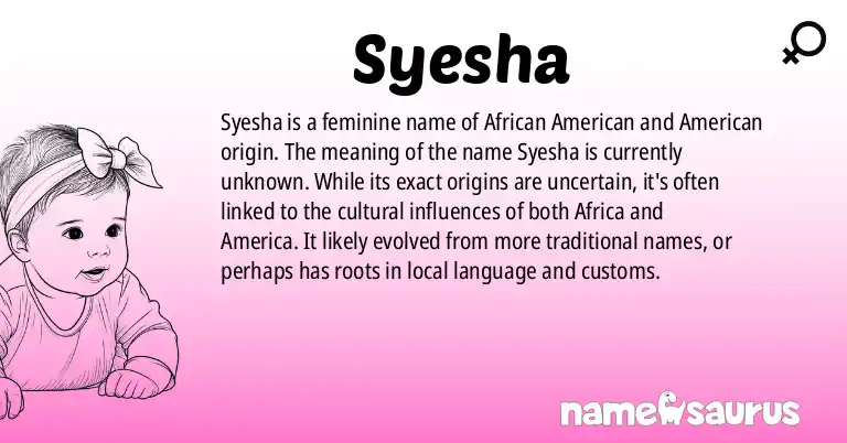 Infographic about Syesha name meaning, Syesha is a name from African American, American origin(s).