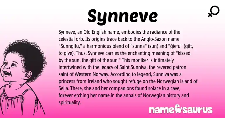 Infographic about Synneve name meaning, Synneve is a name from Anglo-Saxon, Ireland, Norwegian, Norway, Old English origin(s).