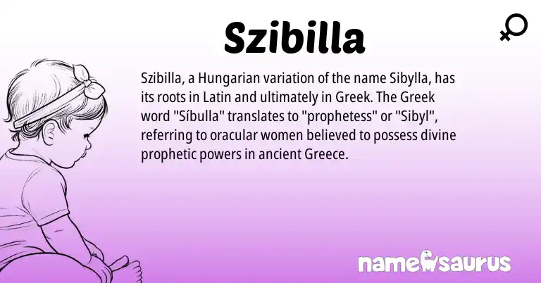 Infographic about Szibilla name meaning, Szibilla is a name from Hungarian, Latin, Greece, Greek origin(s).