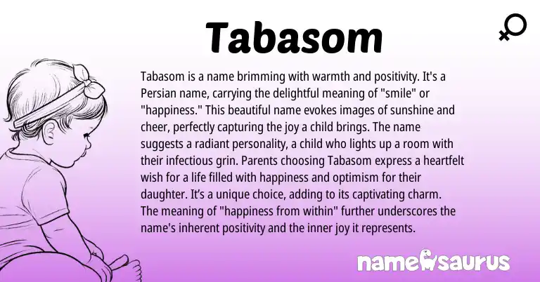 Infographic about Tabasom name meaning, Tabasom is a name from Telugu, Persian origin(s).