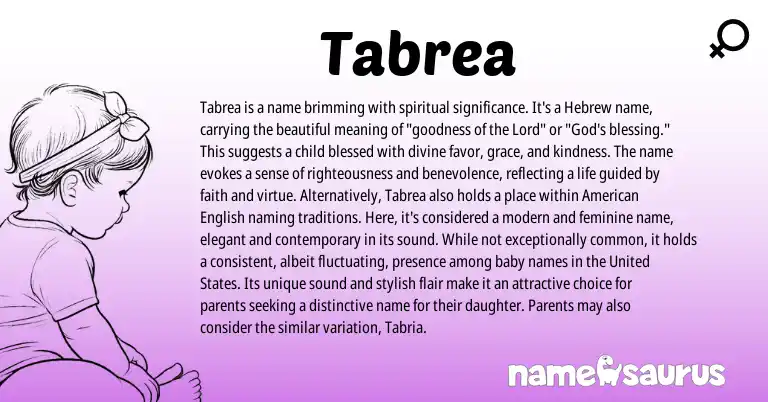 Infographic about Tabrea name meaning, Tabrea is a name from Hebrew origin(s).