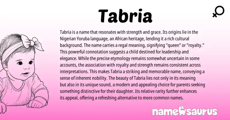 Infographic about Tabria name meaning, Tabria is a name from Yoruba, African, Nigerian, American origin(s).