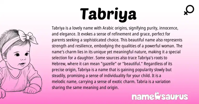 Infographic about Tabriya name meaning, Tabriya is a name from Arabic origin(s).