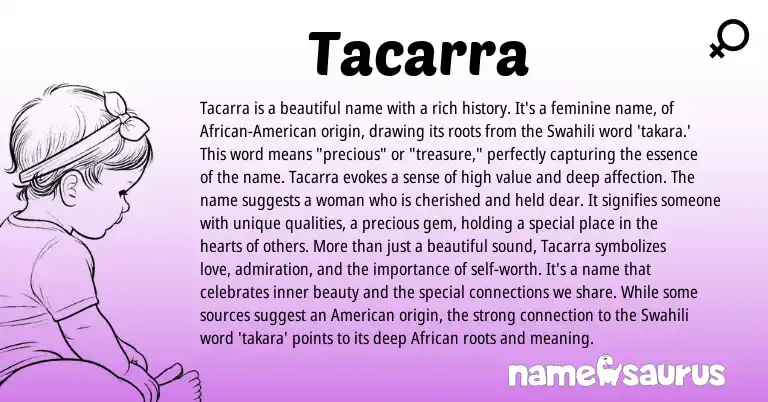 Infographic about Tacarra name meaning, Tacarra is a name from Swahili origin(s).