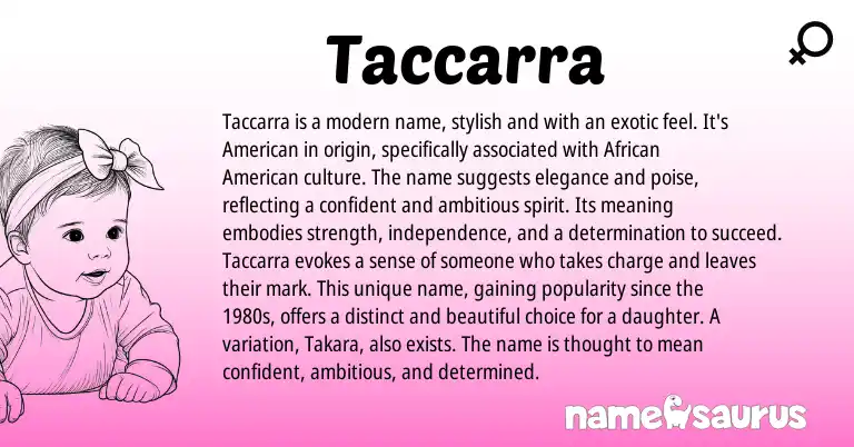 Infographic about Taccarra name meaning, Taccarra is a name from American, English origin(s).