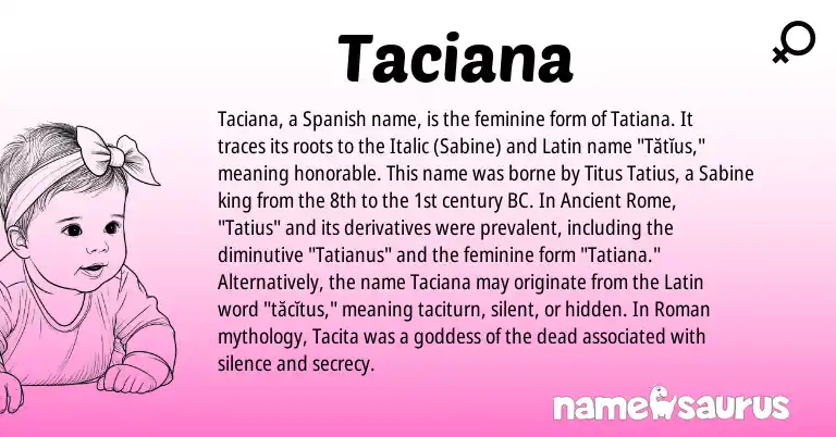 Infographic about Taciana name meaning, Taciana is a name from Roman, Spanish, Latin, Ancient Rome origin(s).