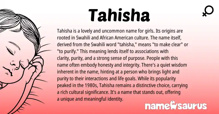 Infographic about Tahisha name meaning, Tahisha is a name from Swahili, American origin(s).