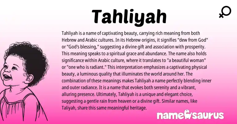 Infographic about Tahliyah name meaning, Tahliyah is a name from Hebrew, Arabic origin(s).