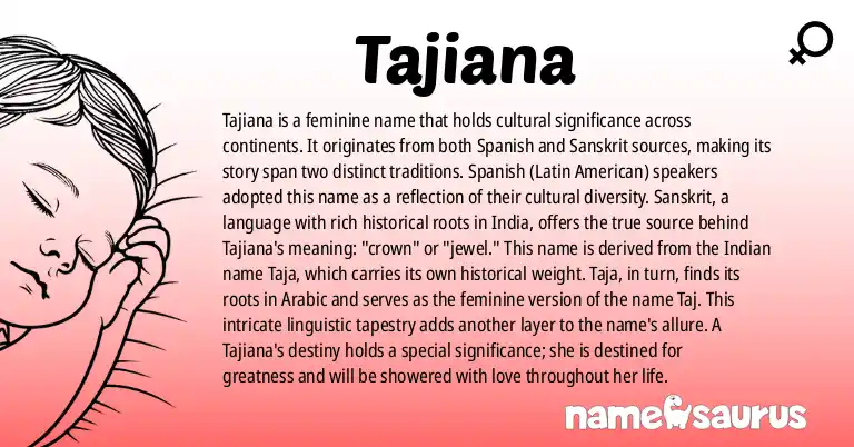 Infographic about Tajiana name meaning, Tajiana is a name from Spanish (Latin American), Sanskrit origin(s).